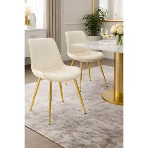 Set 2 Sedie da Pranzo Imbottite Tessuto Crema Finiture Oro Metallo 2