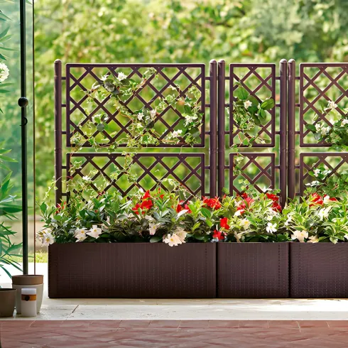 Fioriera Quadrata 43x43 con Spalliera in Pvc Antracite Da Esterno Balcone Vaso
