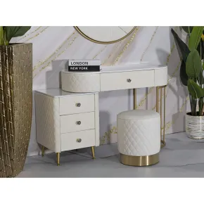 Pouf Imbottito Similpelle Trapuntata Bianco Oro Salotto Camera da Letto 2