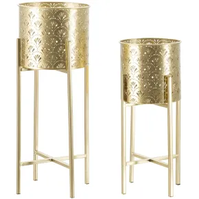 Set 2 Colonne Portavaso da Pavimento Metallo Oro Cestelli Removibili