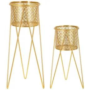 Portavasi Metallo Oro Set 2 Pz 46 e 32 cm Intagli Tondi Vasi Rimovibili