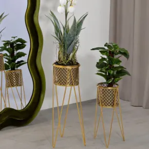 Portavasi Metallo Oro Set 2 Pz 46 e 32 cm Intagli Tondi Vasi Rimovibili 2