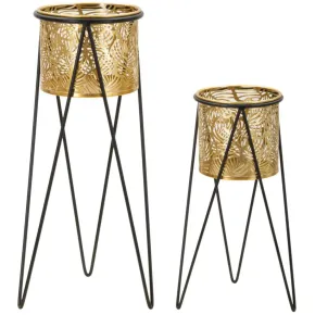 Set 2 Portavasi Metallo Nero Oro a Foglia 46 e 32 cm Vasi Rimovibili