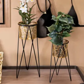 Set 2 Portavasi Metallo Nero Oro a Foglia 46 e 32 cm Vasi Rimovibili 2