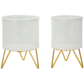Set 2 Portavasi Metallo Bianco Oro a Pois Vasi Rimovibili da Interno