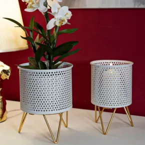 Set 2 Portavasi Metallo Bianco Oro a Pois Vasi Rimovibili da Interno 2
