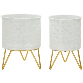 Set 2 Portavasi Metallo Bianco Oro con Vasi Rimovibili Intagli Decorativi