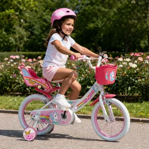 Bicicletta per Bambini 16" Rosa Unicorno Rotelle Removibili Cestino 2