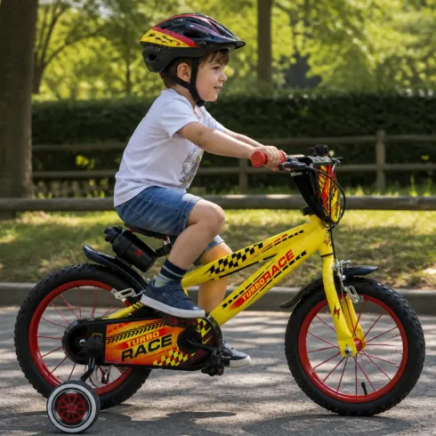 Bicicletta Bambini 16" Giallo Rotelle Removibili Turbo Race Borraccia