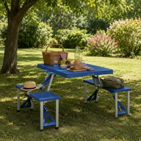 Set Tavolo Pieghevole con 4 Sgabelli in Alluminio Blu 2