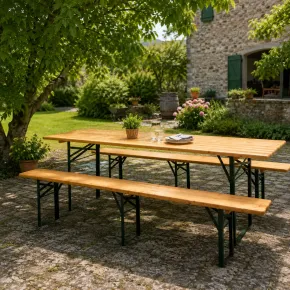 Set Birreria 220x80 in Legno Richiudibile con Tavolo 2 Panche a 3 Gambe 2