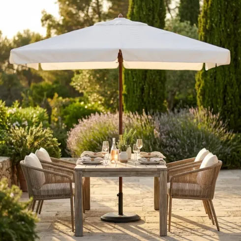 Ombrellone per Giardino 3x4 Palo Centrale Bianco Legno Antivento