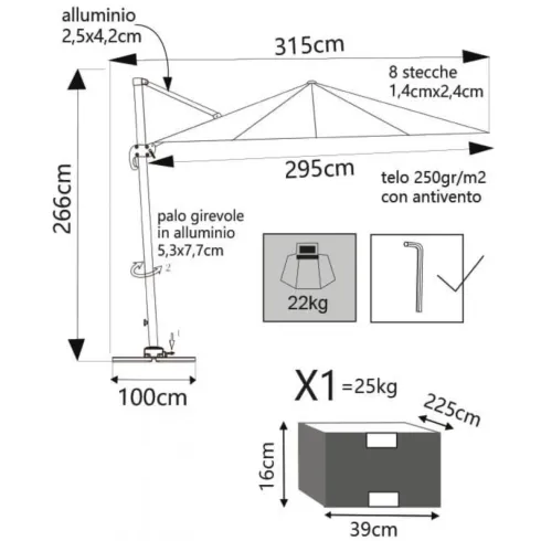 Ombrellone per Giardino 3x3 m Tortora Palo Laterale Girevole Alluminio