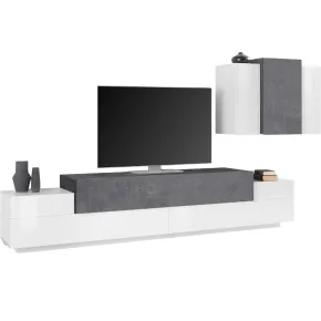 Mobile TV da Terra 240 cm con Pensile in Legno Bianco Lucido Report