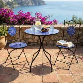 Set Tavolo 60x60 2 Sedie Pieghevoli da Esterno Ceramica Fantasia Blu 2