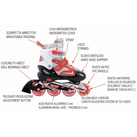 Pattini in Linea Bambini Regolabili 38-41 Rosso con Cuscinetti ABEC 7