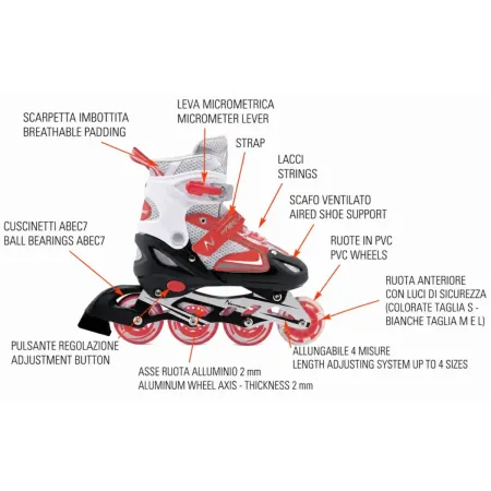 Pattini in Linea Bambini Regolabili 34-37 Rosso con Cuscinetti ABEC 7