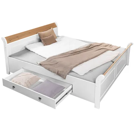 Letto alla Francese 140x200 Pino Massello Bianco Rovere con Cassetto