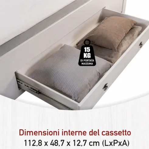 Letto alla Francese 140x200 Pino Massello Bianco Rovere con Cassetto