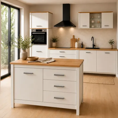 Tavolo Bar da Cucina Bianco Rovere Isola con Anta Cassetti Soft-Close