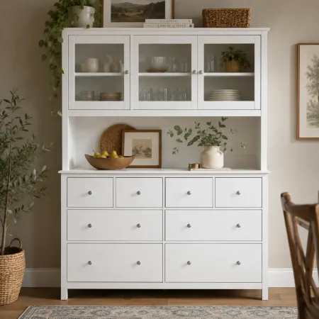Credenza da Soggiorno 3 Ante 8 Cassetti con Vetrina in Legno Bianco