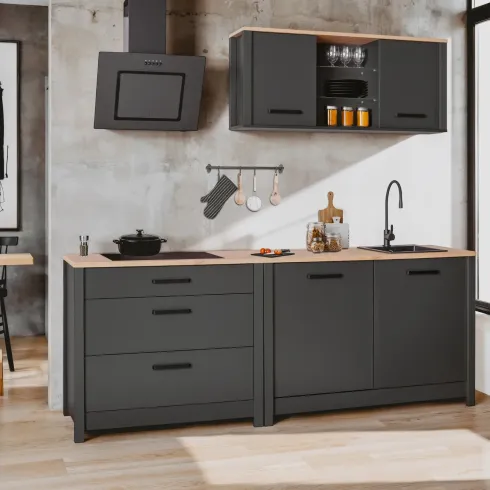Mobile Cucina con Base Piano cottura Pensile Sottolavello Antracite Rovere