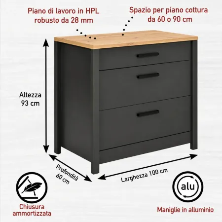 Mobile Cucina con Base Piano cottura Pensile Sottolavello Antracite Rovere