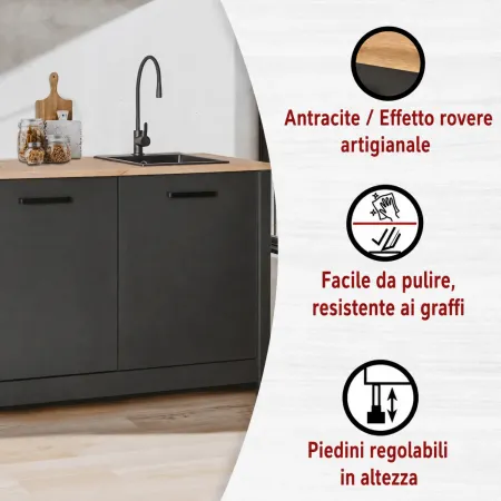 Cucina Componibile 430 cm Legno Antracite Rovere 6 Mobili Coordinati