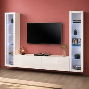 Parete da Soggiorno Attrezzata con 2 Vetrine Porta TV Bianco Lucido 2
