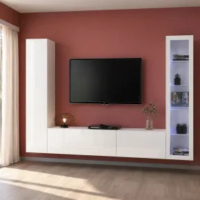 Parete da Soggiorno Attrezzata Porta TV con Vetrina Bianco Lucido 2