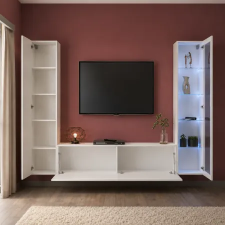 Parete da Soggiorno Attrezzata Porta TV con Vetrina Bianco Lucido