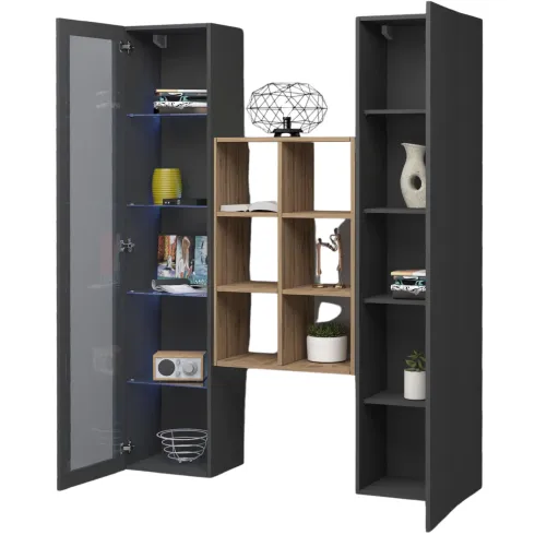 Mobile Soggiorno Colonna Vetrina Libreria Antracite Rovere a Parete