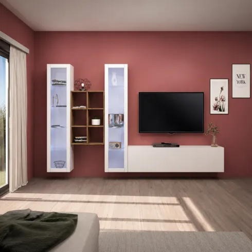 Parete Attrezzata Bianco Lucido per Soggiorno 320x30x180 cm Vetrine