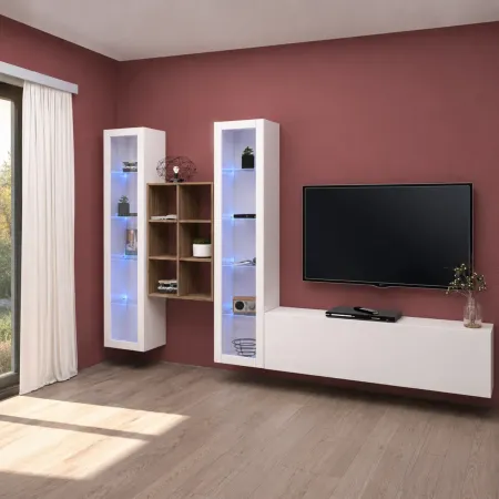 Parete Attrezzata Bianco Lucido per Soggiorno 320x30x180 cm Vetrine