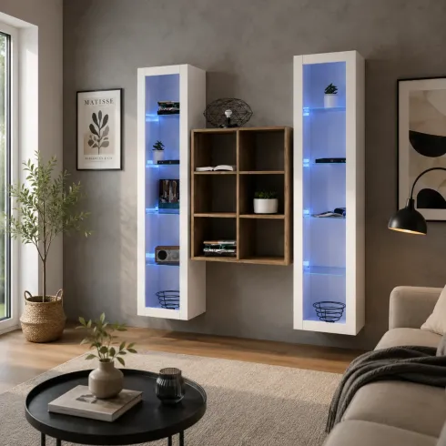 Parete Attrezzata Soggiorno 2 Vetrine Bianco Libreria Rovere 140 cm