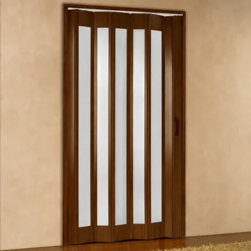 Porta a Soffietto PVC Noce Venato 84x215 cm con Inserti Trasparenti