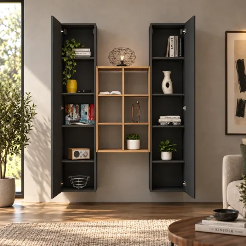 Parete Attrezzata Sospesa Soggiorno Antracite Rovere con Libreria