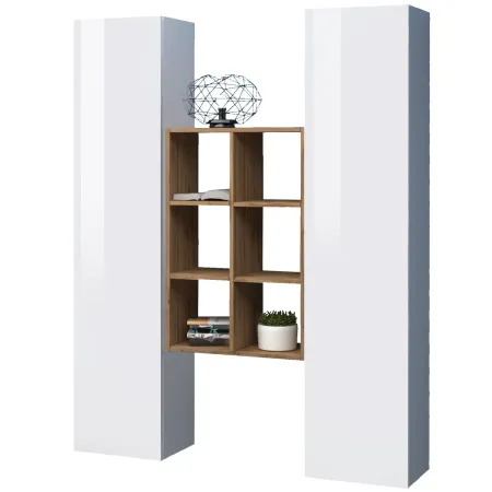 Parete Attrezzata Sospesa Soggiorno Bianco Lucido Rovere con Libreria