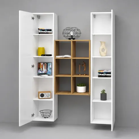 Parete Attrezzata Sospesa Soggiorno Bianco Lucido Rovere con Libreria