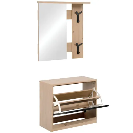 Mobile Ingresso con Specchio Scarpiera Ganci Appendiabiti Rovere Nero