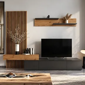 Mobile TV Parete Attrezzata Pensili 250 cm Rovere Nero da Soggiorno 2