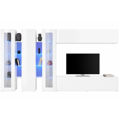 Parete Attrezzata Soggiorno 340 cm Vetrine Porta TV Bianco Lucido