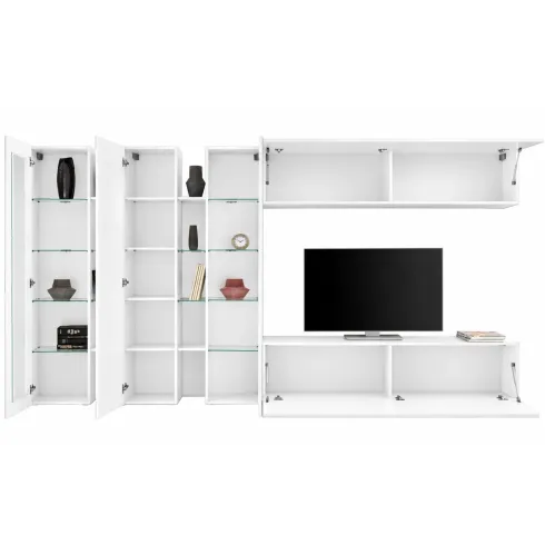 Parete Attrezzata Soggiorno 340 cm Vetrine Porta TV Bianco Lucido
