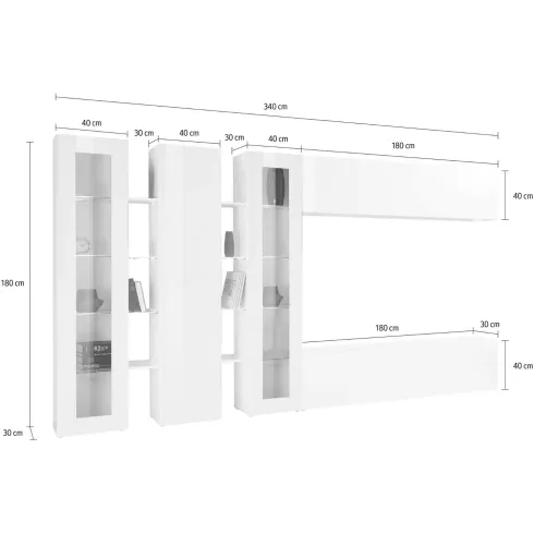 Parete Attrezzata Soggiorno 340 cm Vetrine Porta TV Bianco Lucido