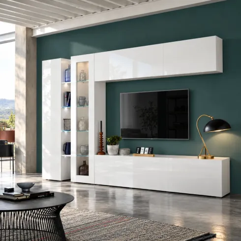 Mobile Soggiorno Porta TV da Appoggio Parete 280 cm Bianco Lucido