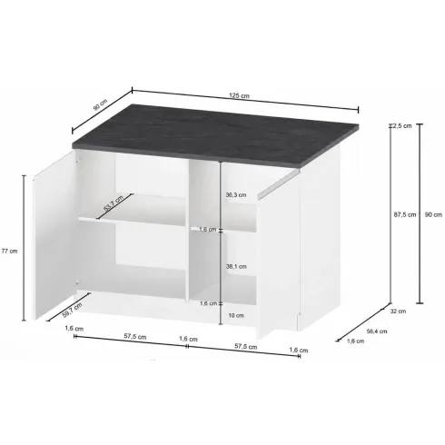 Isola per Cucina Moderna 2 Ante Bianco Lucido Piano Grigio 125x90 cm
