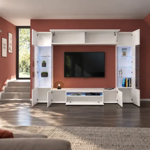 Parete Attrezzata Soggiorno Porta TV Vetrine Pensile Libreria Bianco