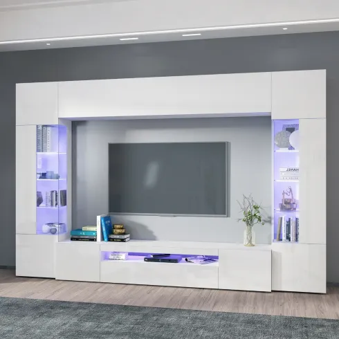Parete Attrezzata Soggiorno Porta TV Vetrine Pensile Libreria Bianco