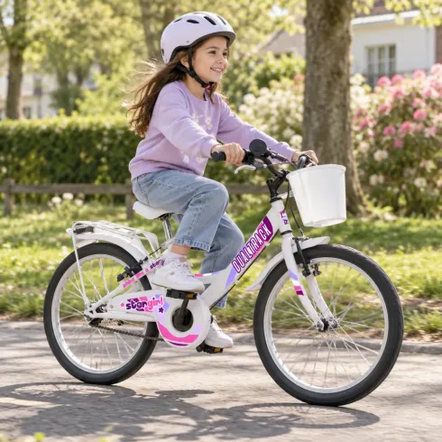 Bicicletta 20 Pollici per Bambini Bianco Bici con Portapacchi Cestino