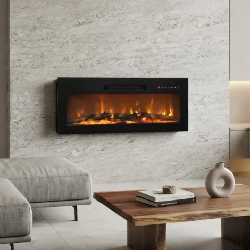 Camino Elettrico da Parete in Acciaio Vetro Nero Fiamma LED 2 kW